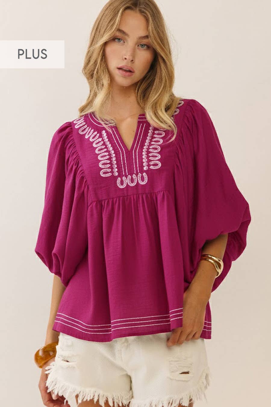 Vikki Embroidered V-neck Plus Blouse