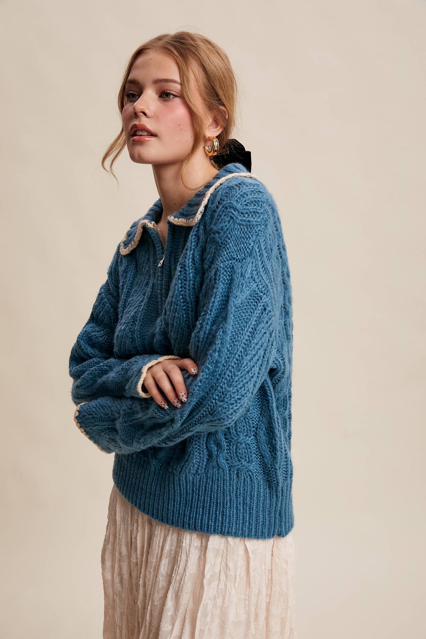 Chelsea Scallop Trim Cable Knit Half-Zip Sweater