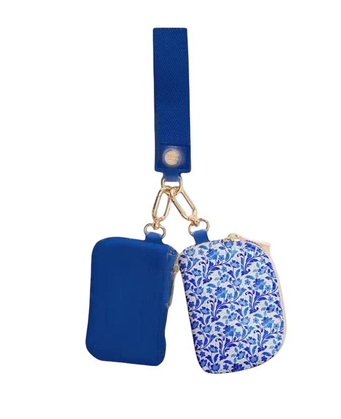 Karma Blue Floral Toile Dual Wallet Keychain Wristlet