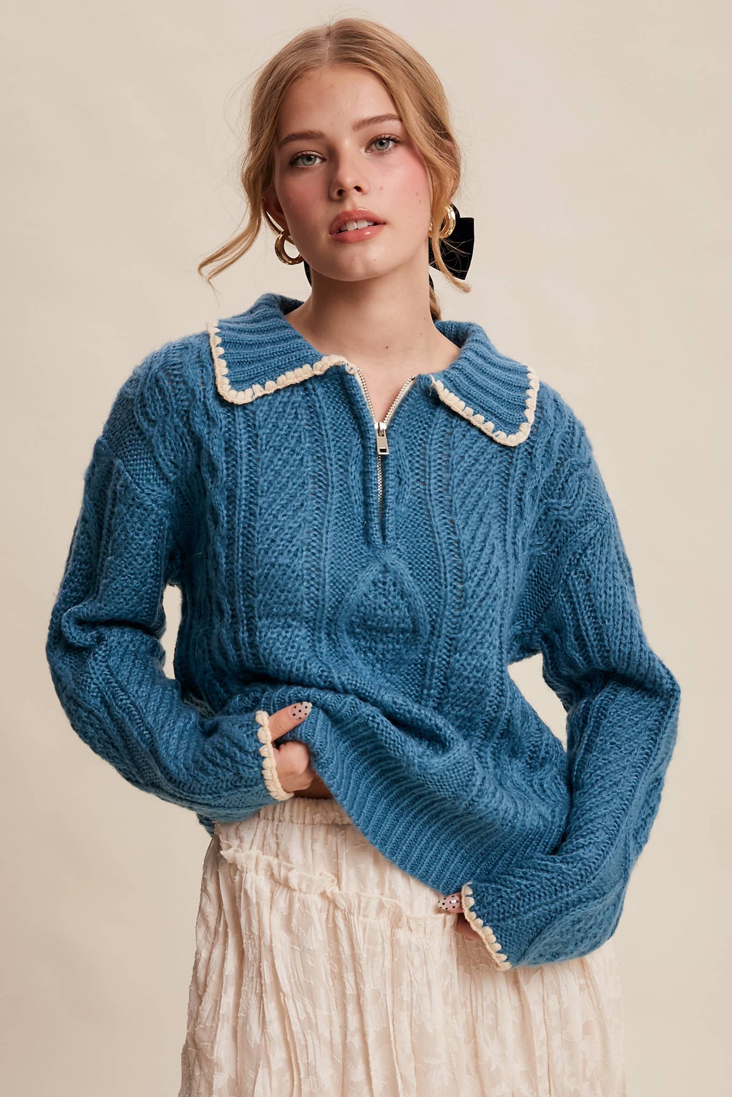 Chelsea Scallop Trim Cable Knit Half-Zip Sweater