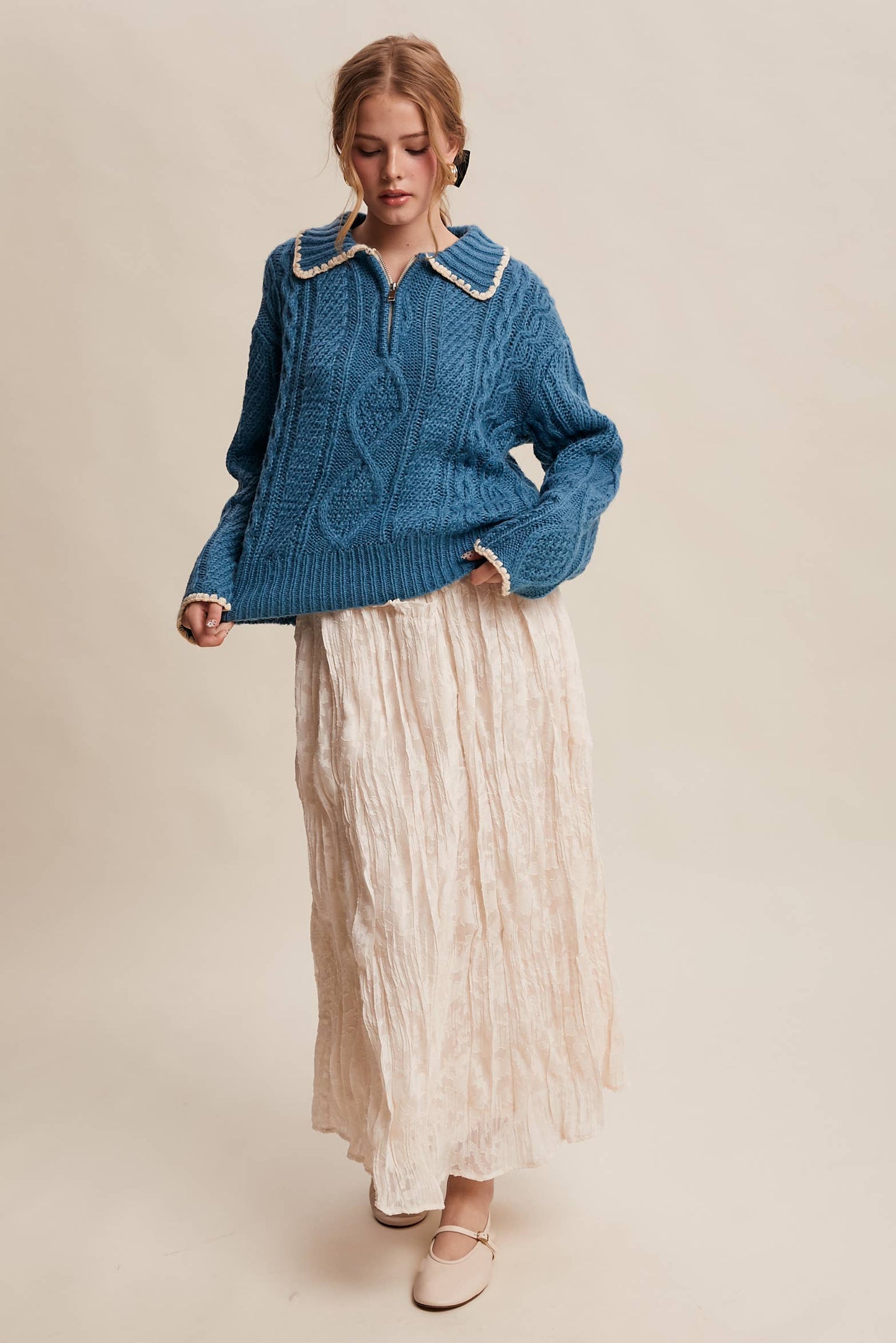 Chelsea Scallop Trim Cable Knit Half-Zip Sweater