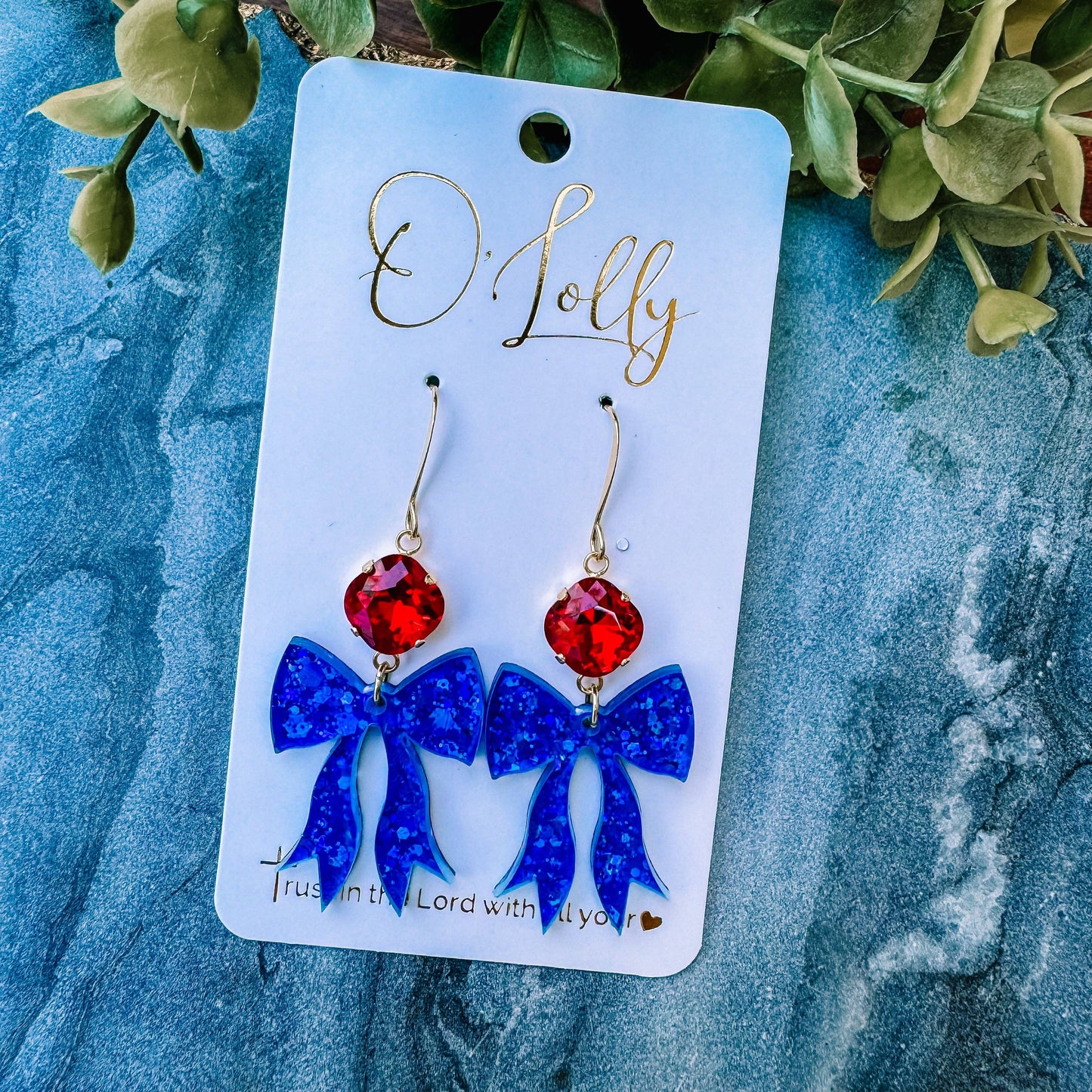 Acrylic Bow & Stone Earrings, Assorted Colors: Blue Bow