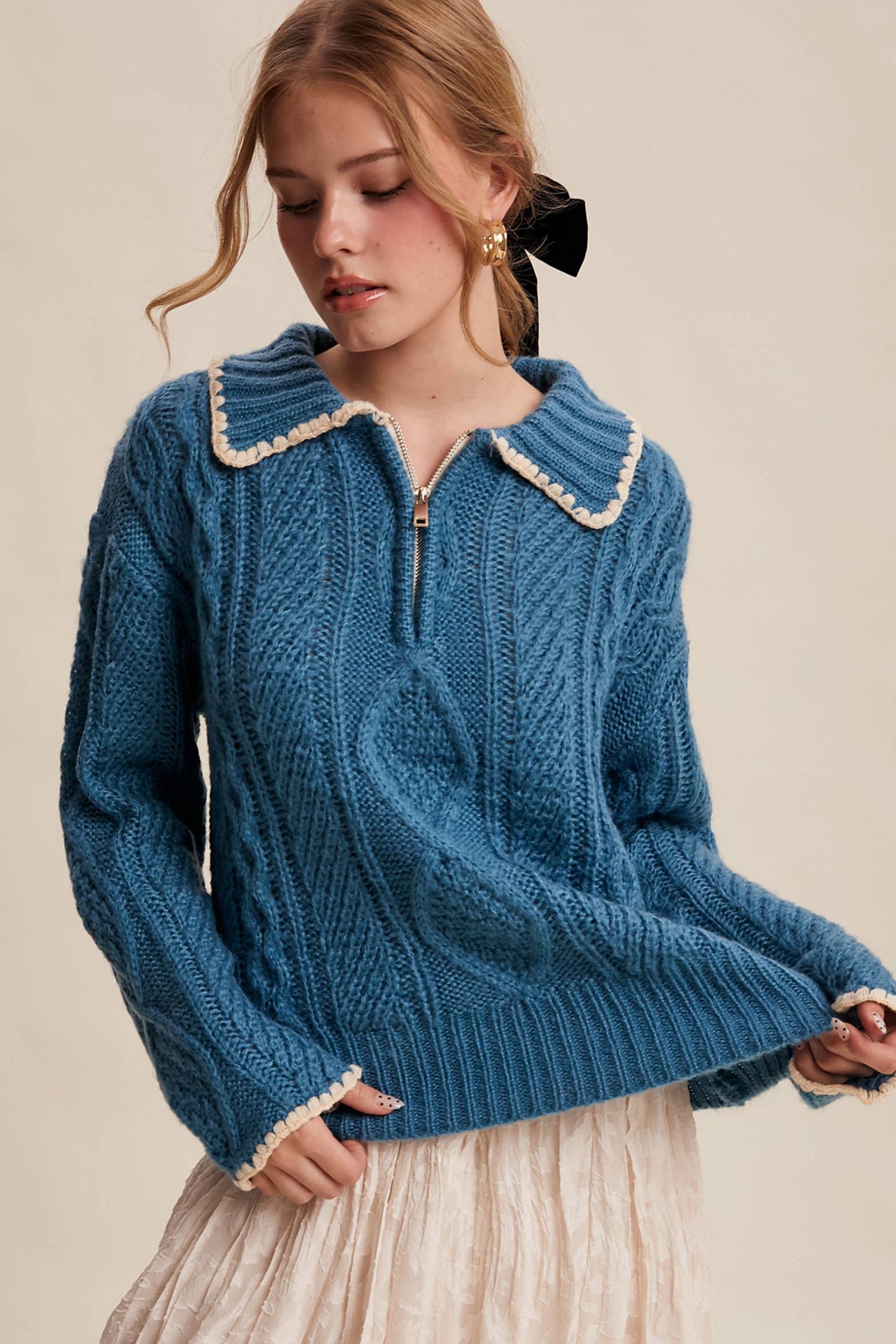 Chelsea Scallop Trim Cable Knit Half-Zip Sweater