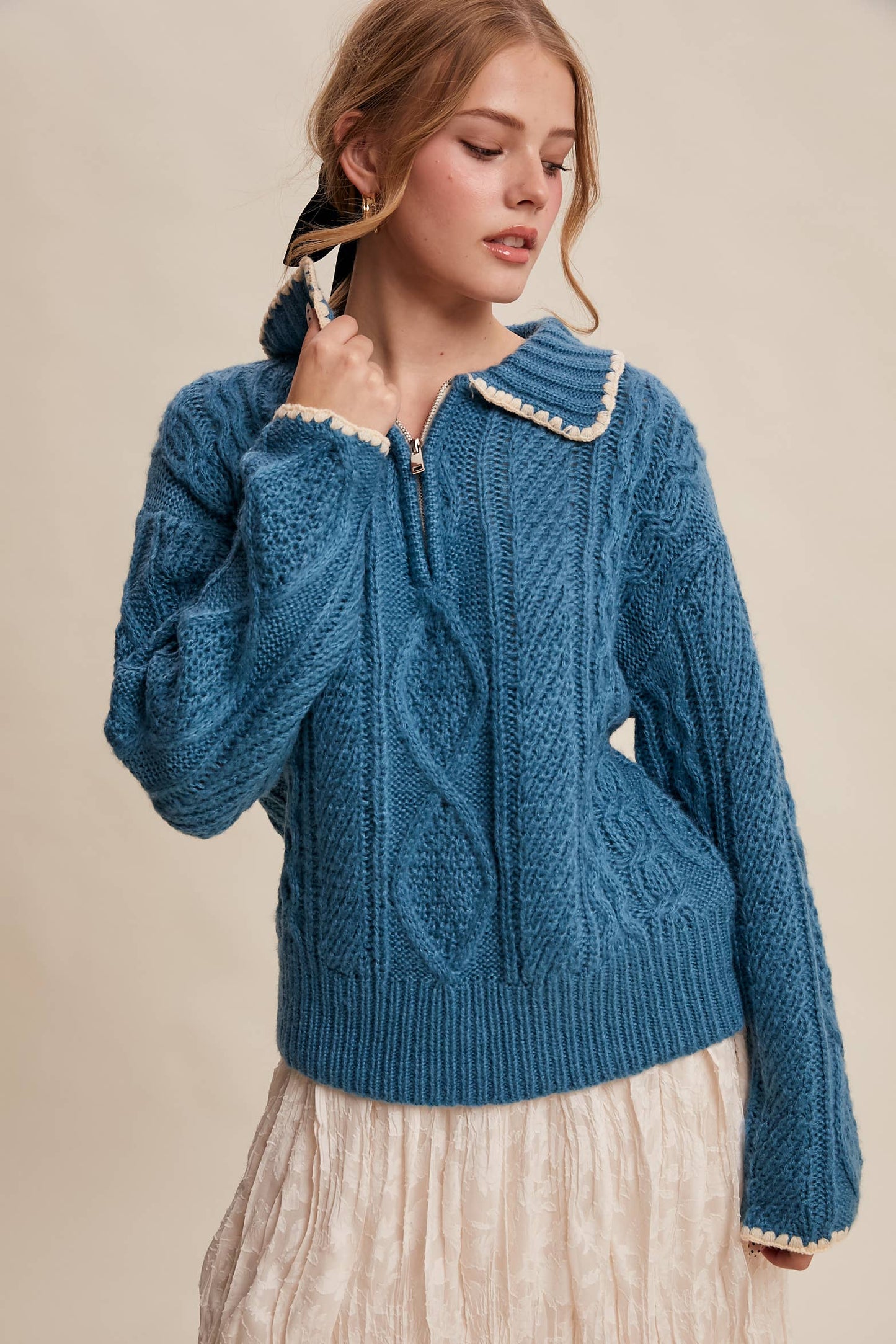 Chelsea Scallop Trim Cable Knit Half-Zip Sweater