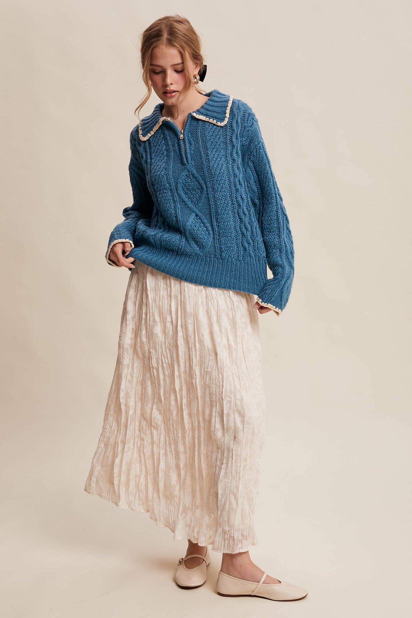 Chelsea Scallop Trim Cable Knit Half-Zip Sweater