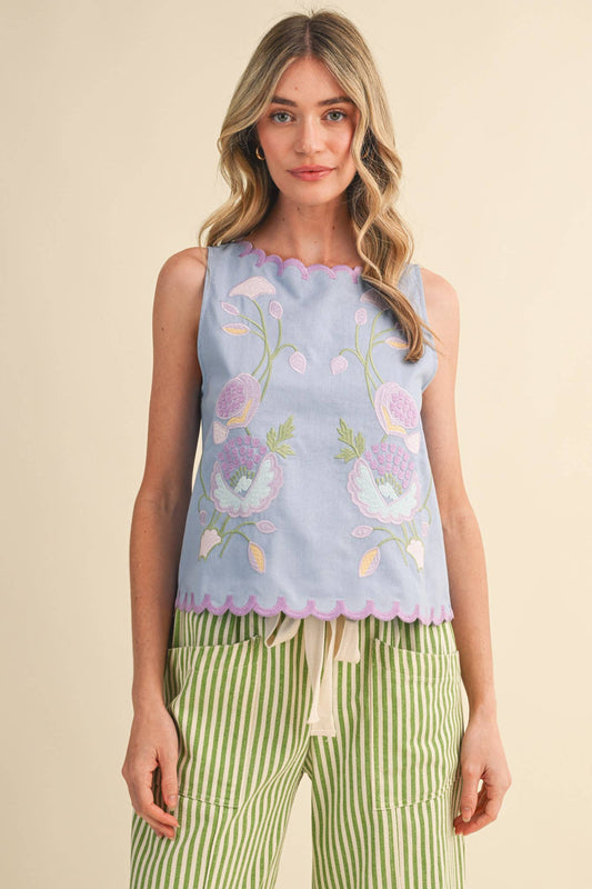 Maddi Floral Embroidery Scalloped Tank