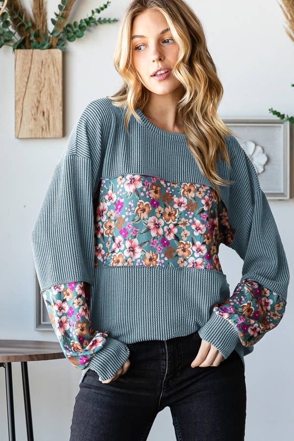 Lauren Ribbed and Floral Print Plus Top