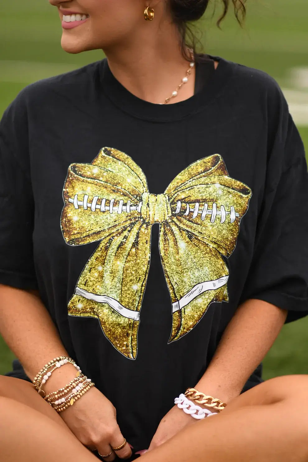 Gold Glitter Bow Football Tee