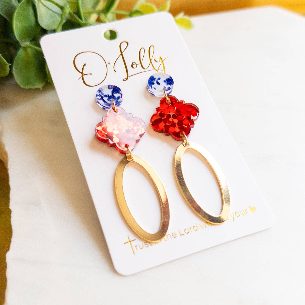 Red Glitter & Blue Floral w/Open Gold Oval Earrings