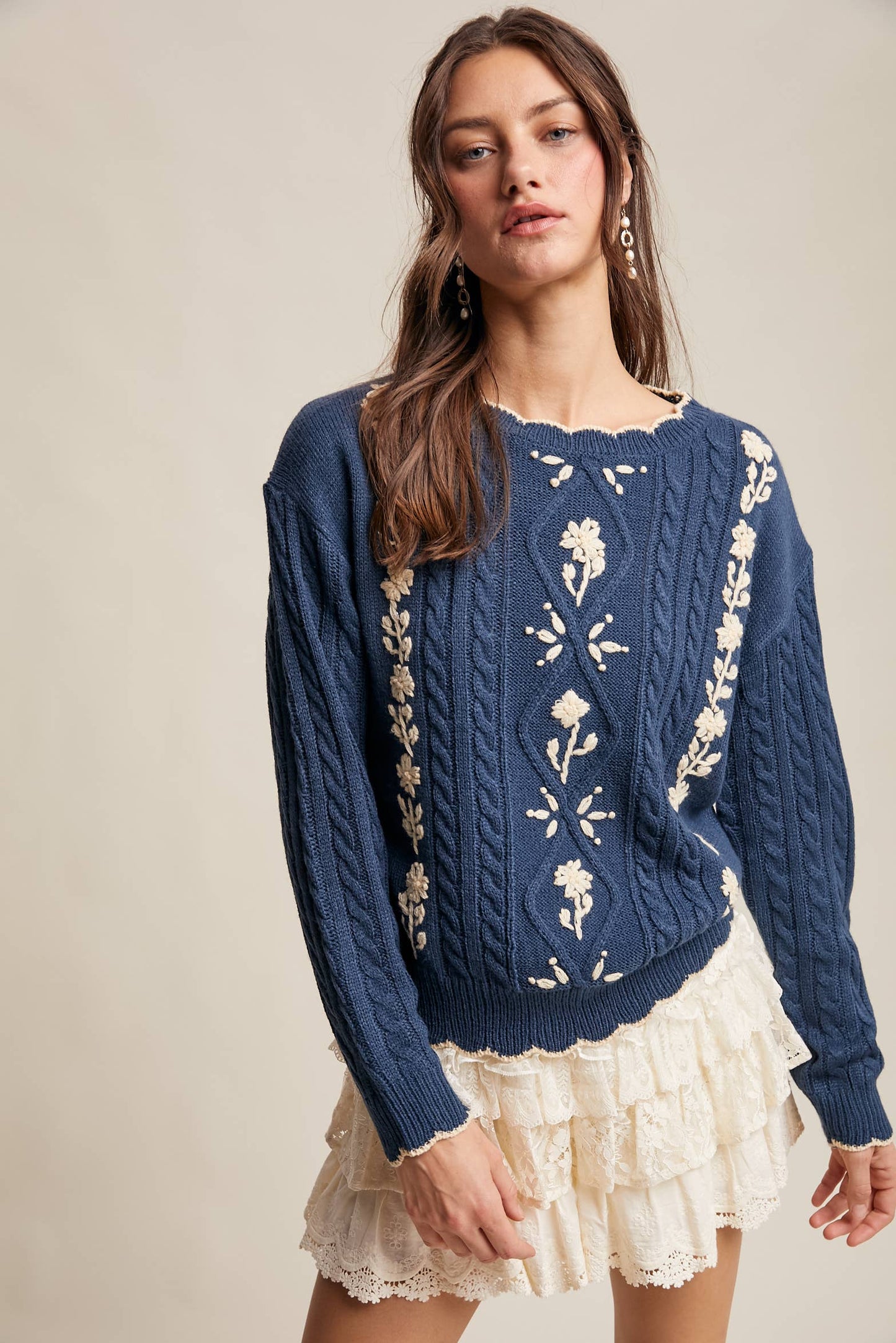Haddy Floral Embroidered Cable Sweater