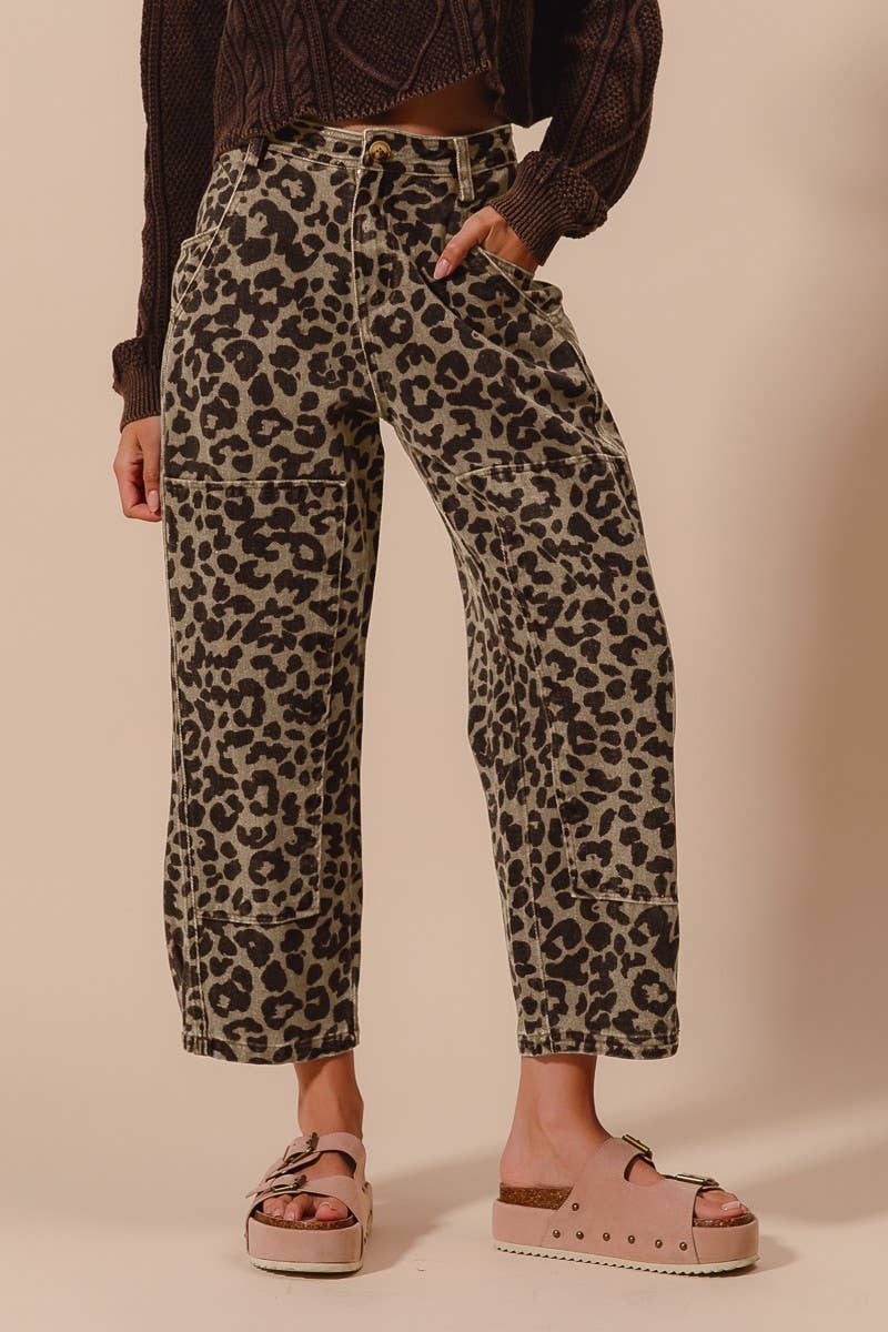 The Leopard Print Twill Mid Rise Barrel Pants