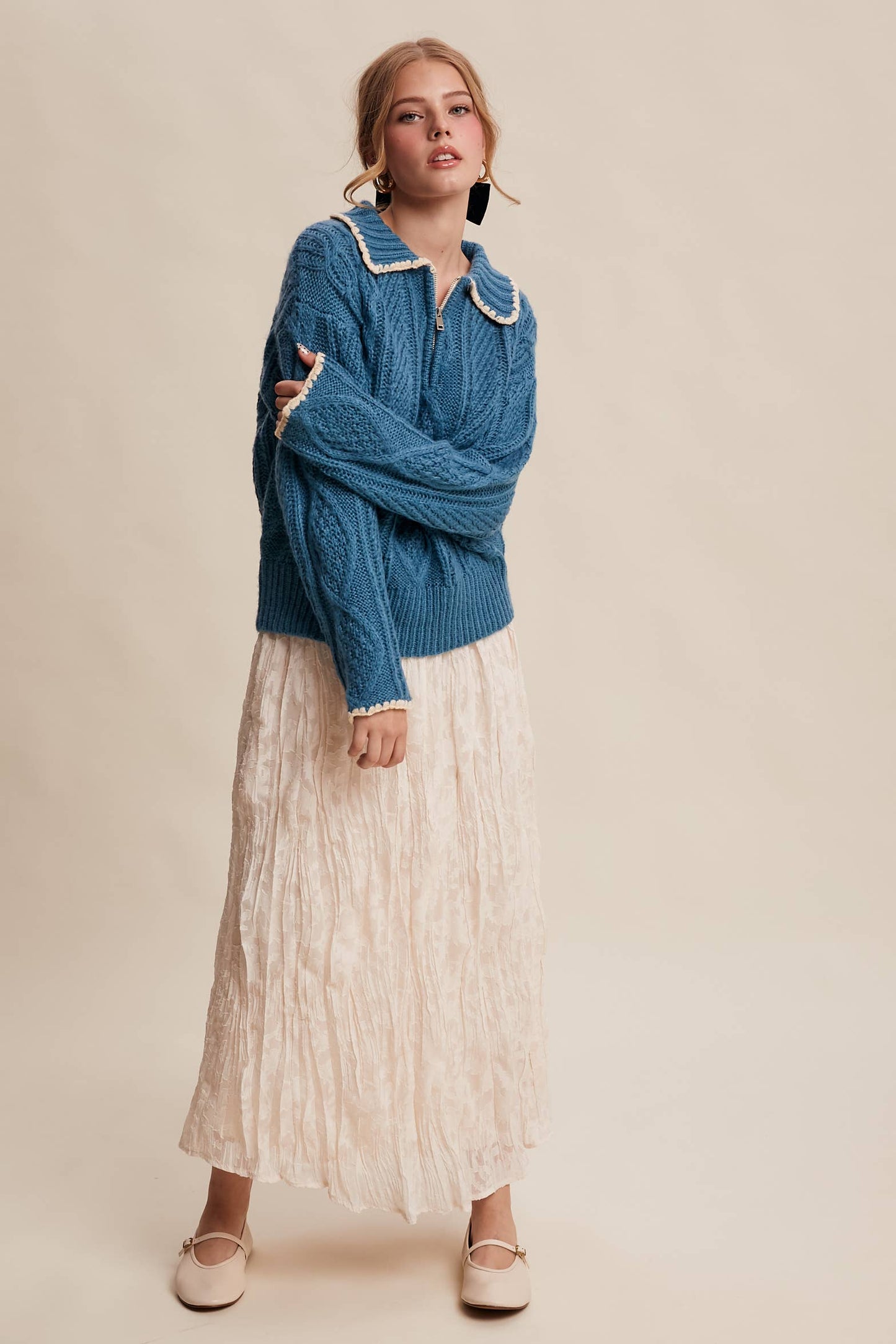 Chelsea Scallop Trim Cable Knit Half-Zip Sweater