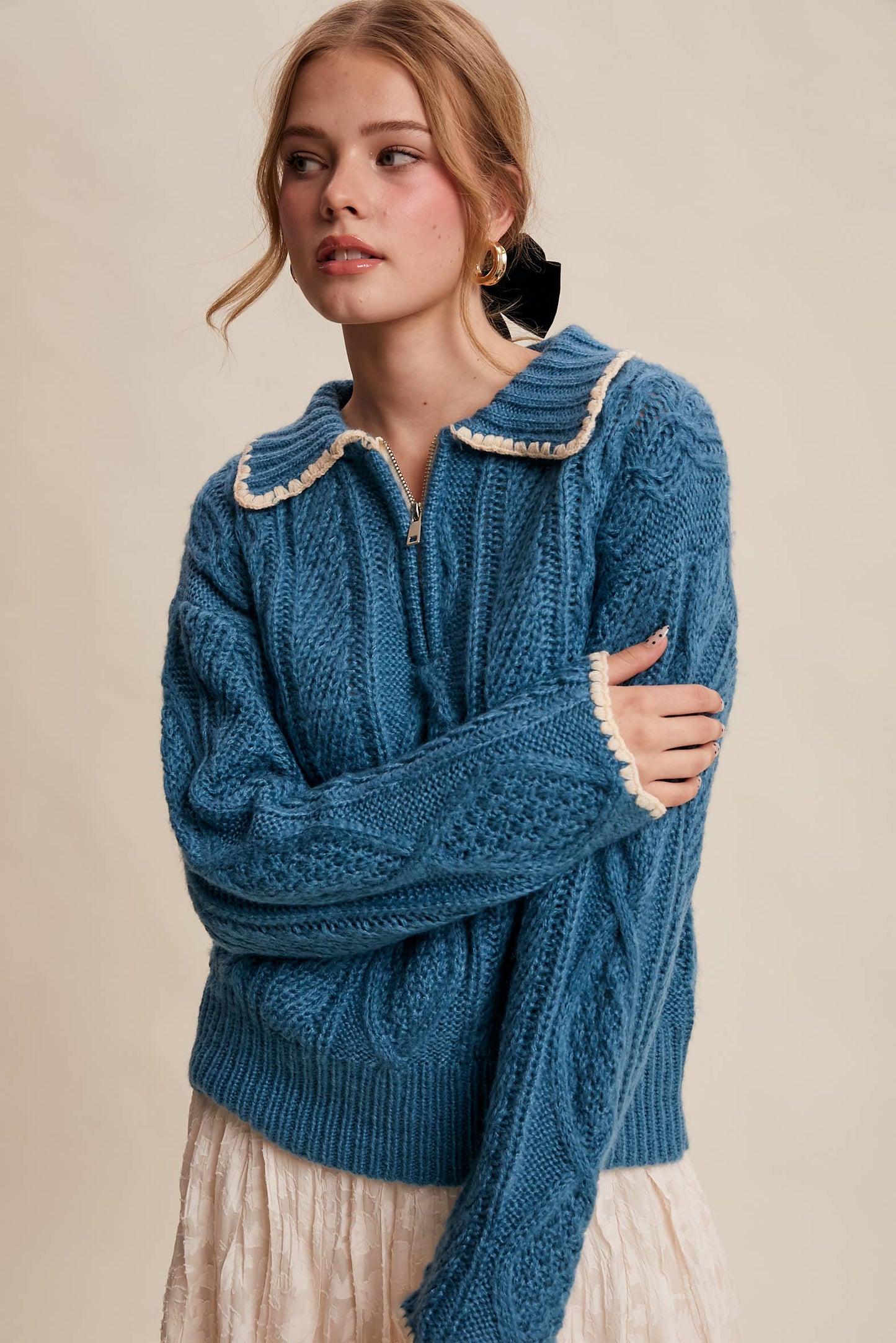 Chelsea Scallop Trim Cable Knit Half-Zip Sweater