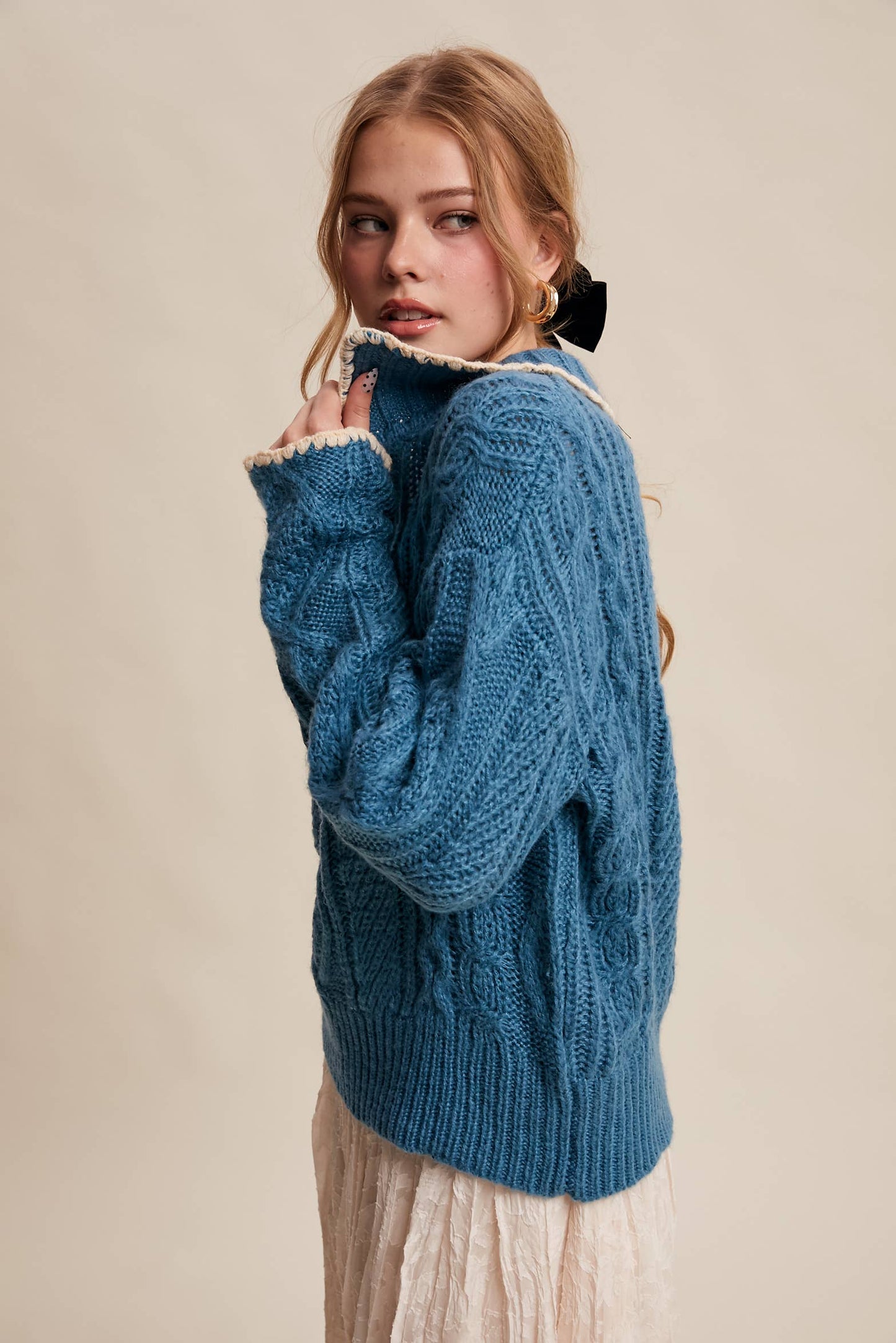 Chelsea Scallop Trim Cable Knit Half-Zip Sweater