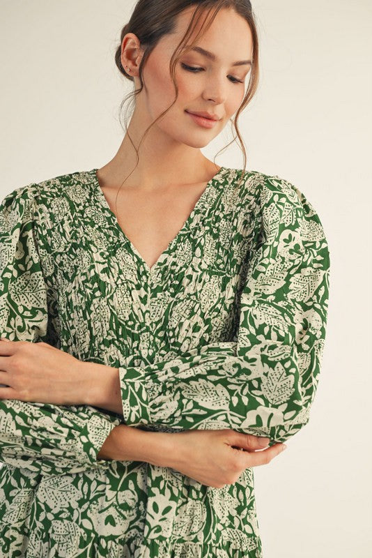 Smocked Floral Leaf Midi Dress