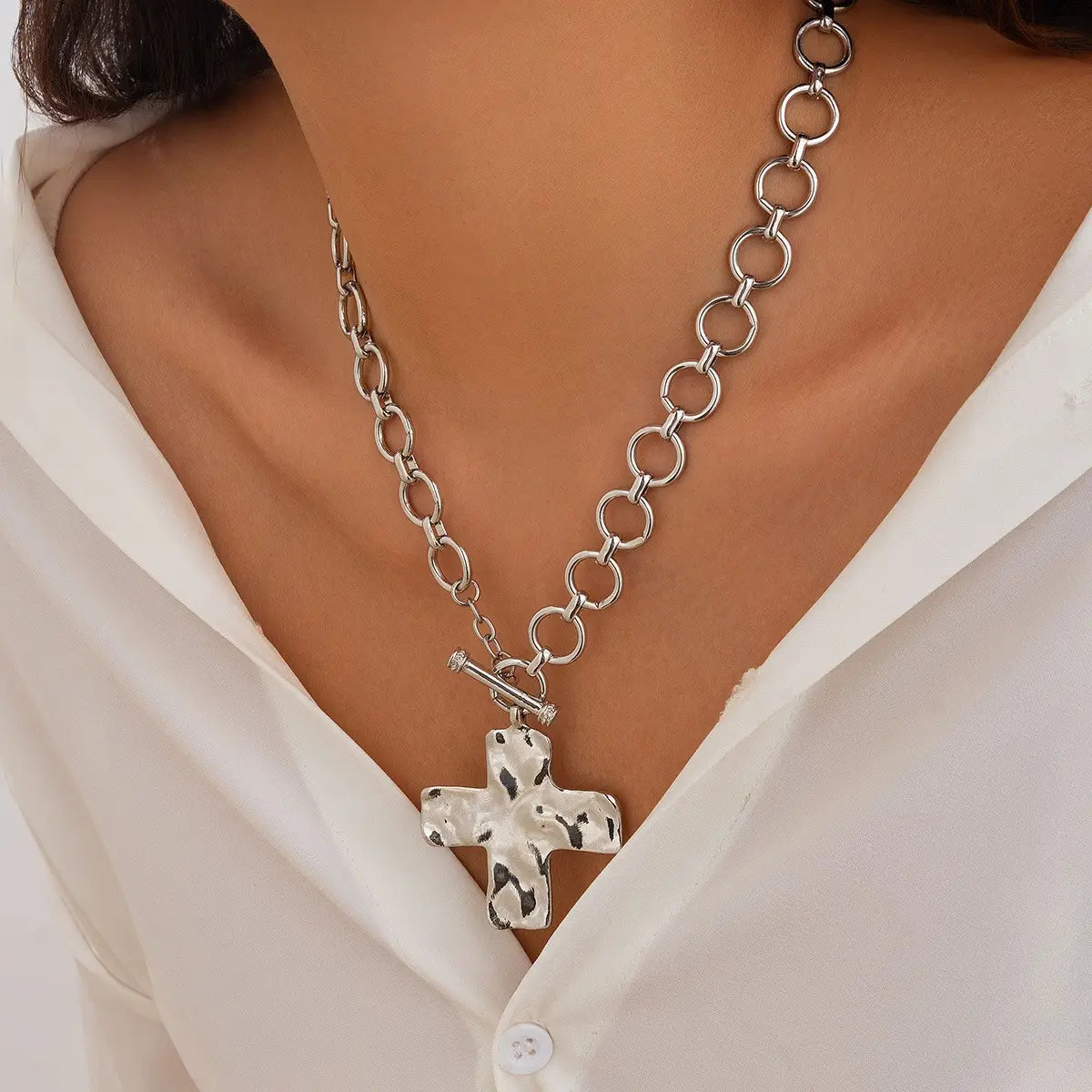 Hammered Cross Toggle Necklace