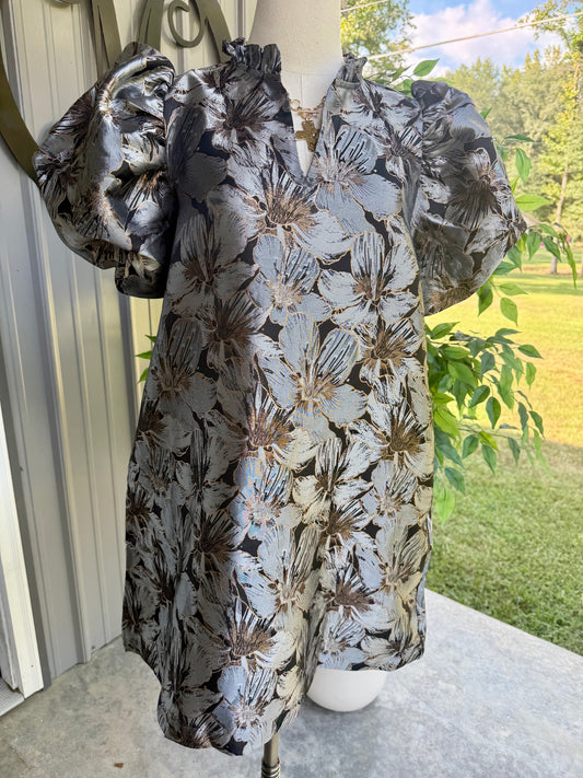 Metallic Jacquard Puff Sleeve Mini Dress