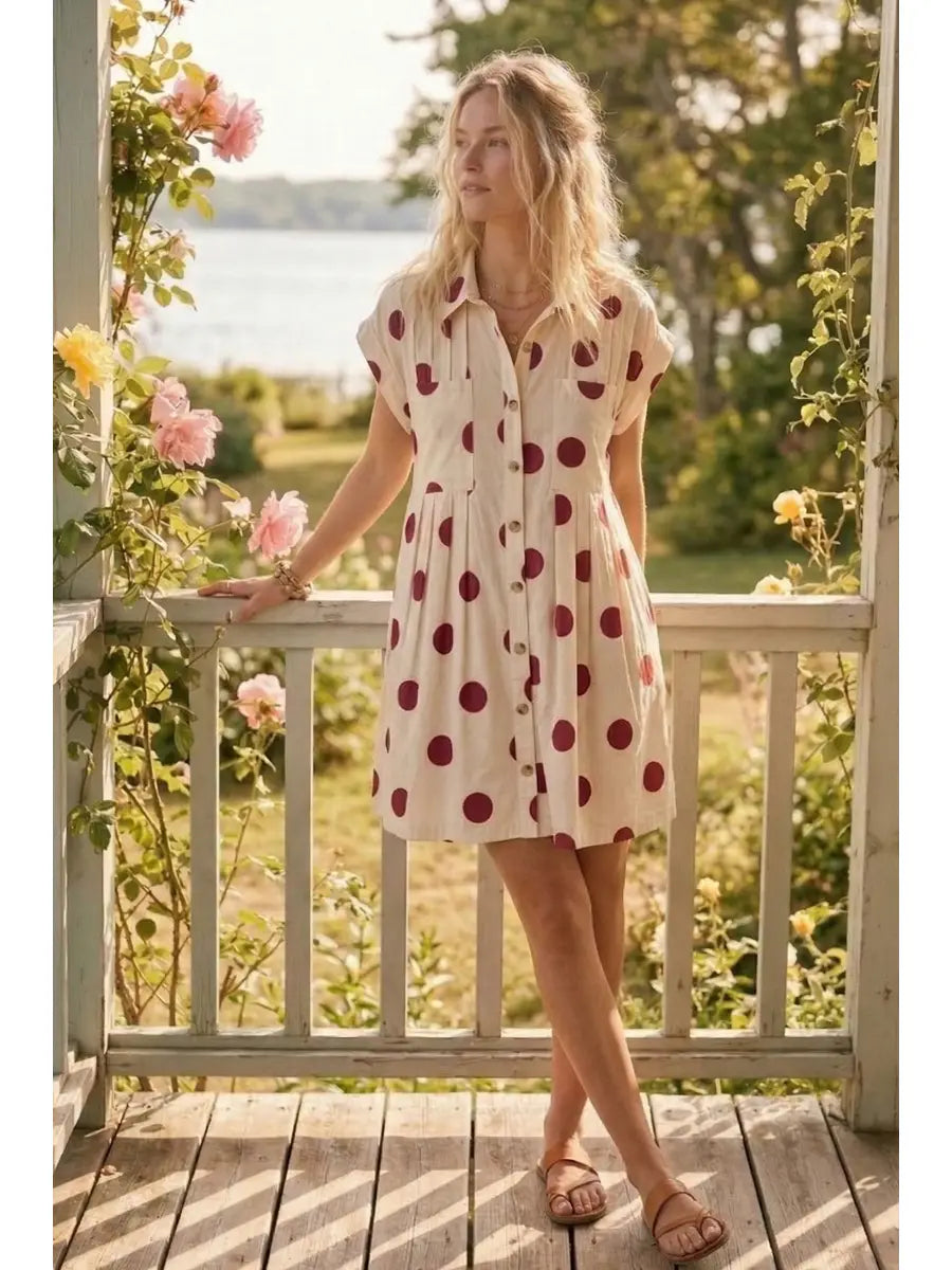 Polka Dot Button Down Pleated Poplin Dress