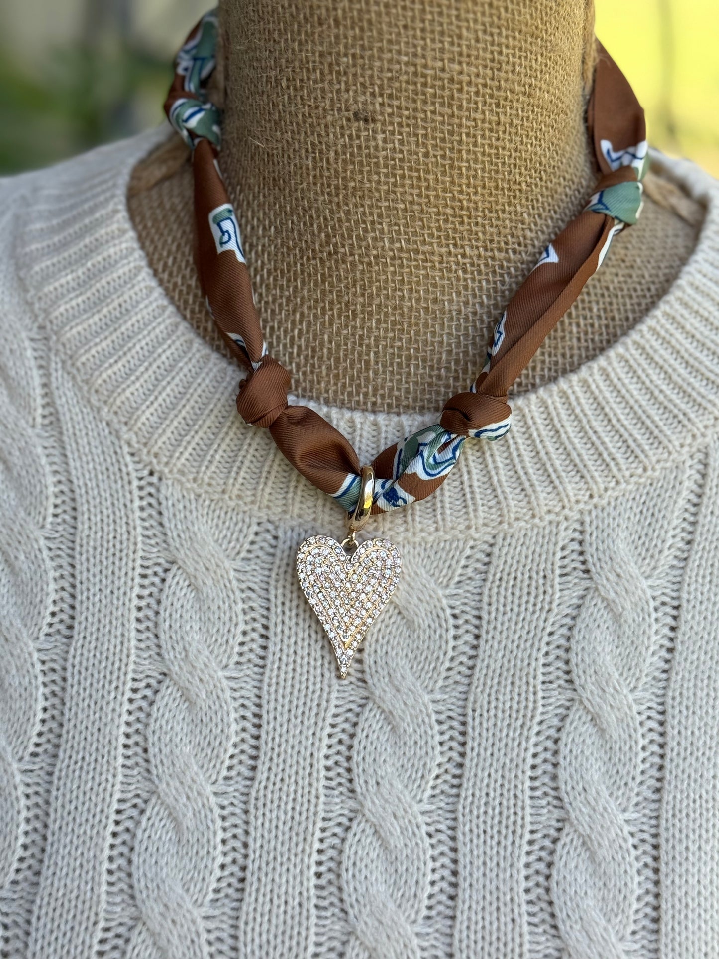 Winnie Pave Heart Scarf Necklace in Brown