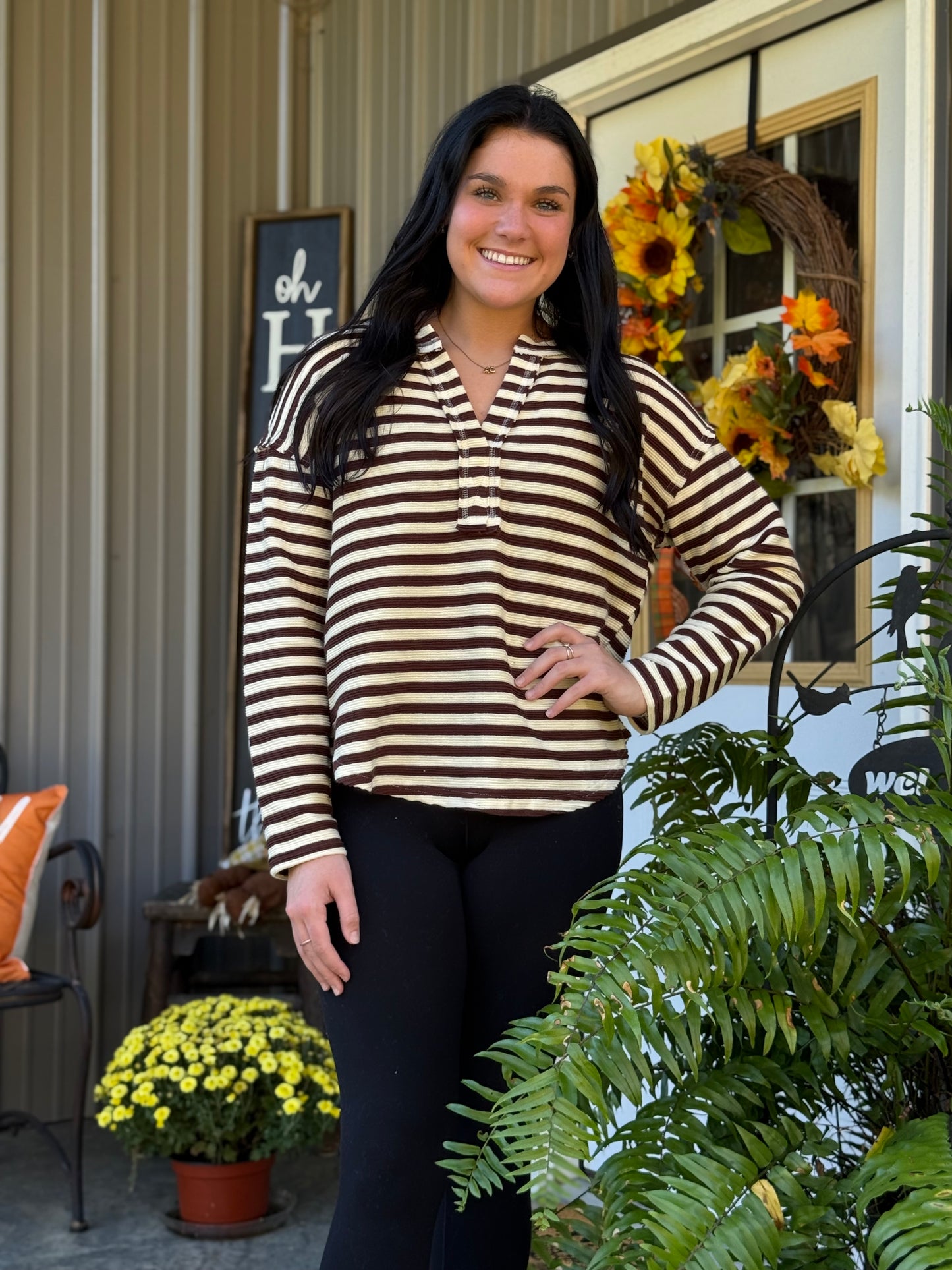 Jackie Split Neck Striped Top
