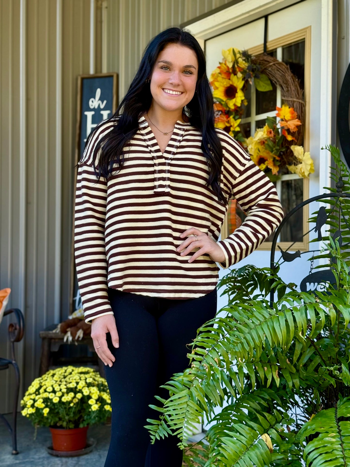 Jackie Split Neck Striped Top
