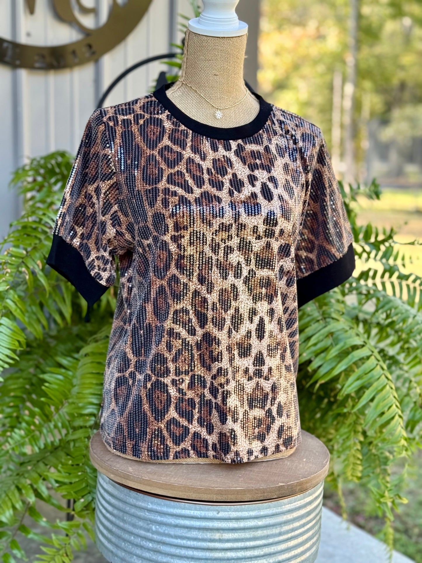 Leopard Sequin Short Sleeve Top