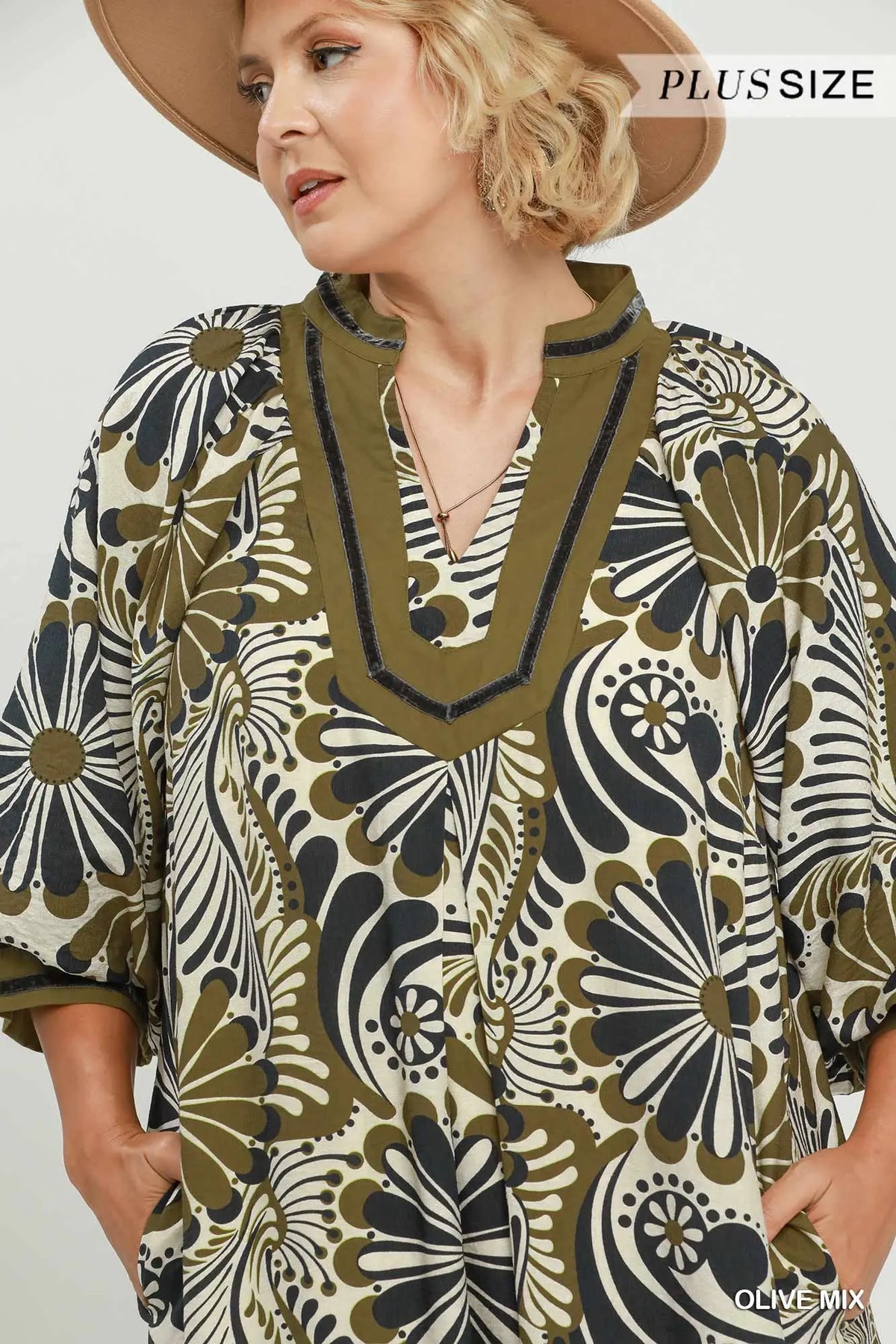 Floral Split Neck Plus Midi Dress