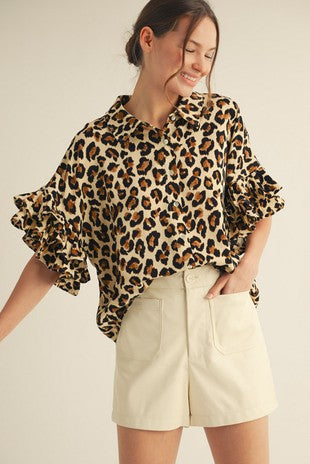 Nikki Ruffled Sleeves Leopard Top