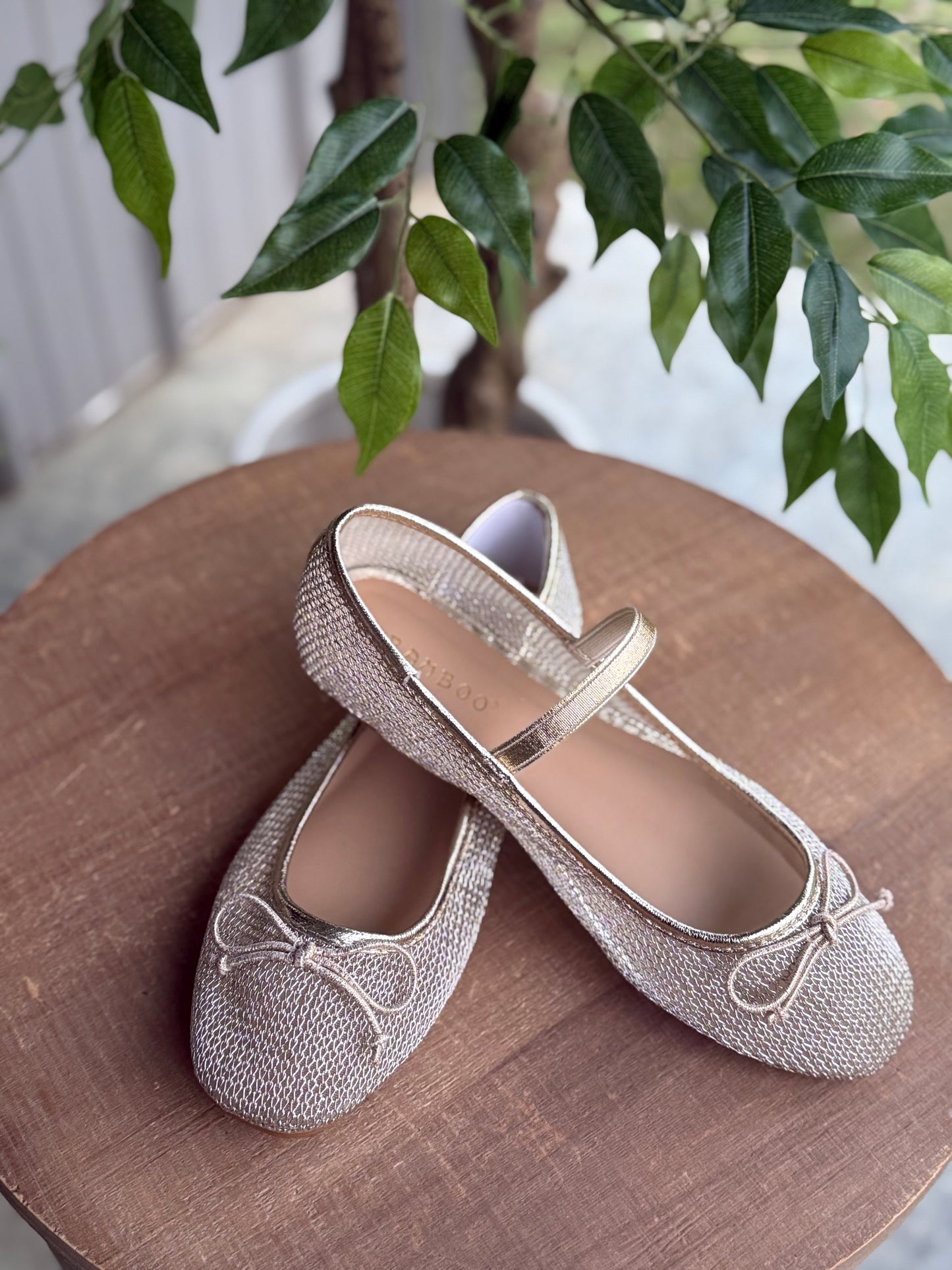 Gold Mesh Bow Tie Mary Jane Flats