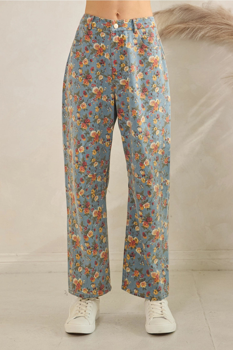 Mineral Washed Floral Denim Barrel Pants