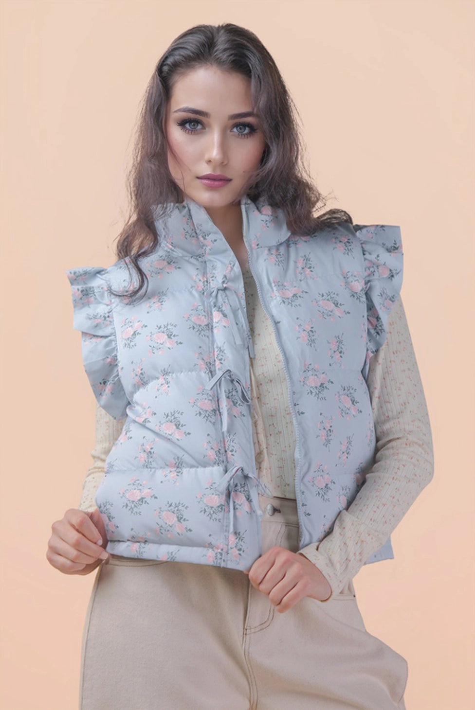 Floral Bow Ruffle Sleeve Puffer Vest