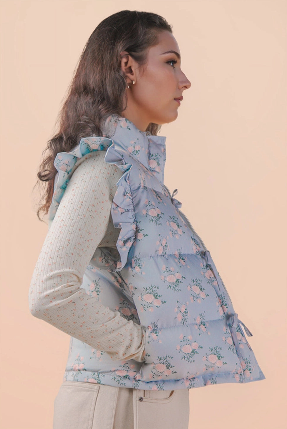 Floral Bow Ruffle Sleeve Puffer Vest