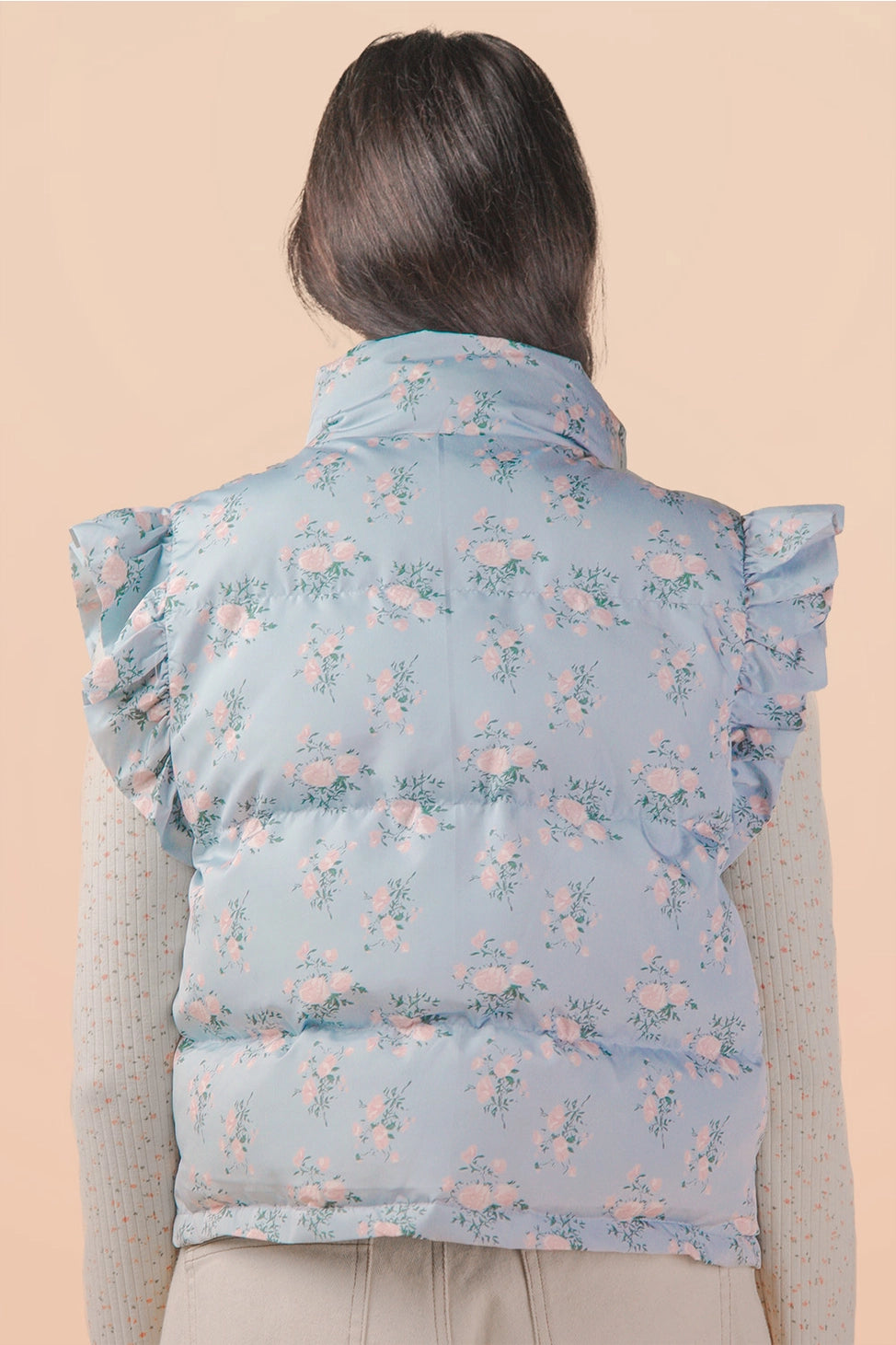 Floral Bow Ruffle Sleeve Puffer Vest