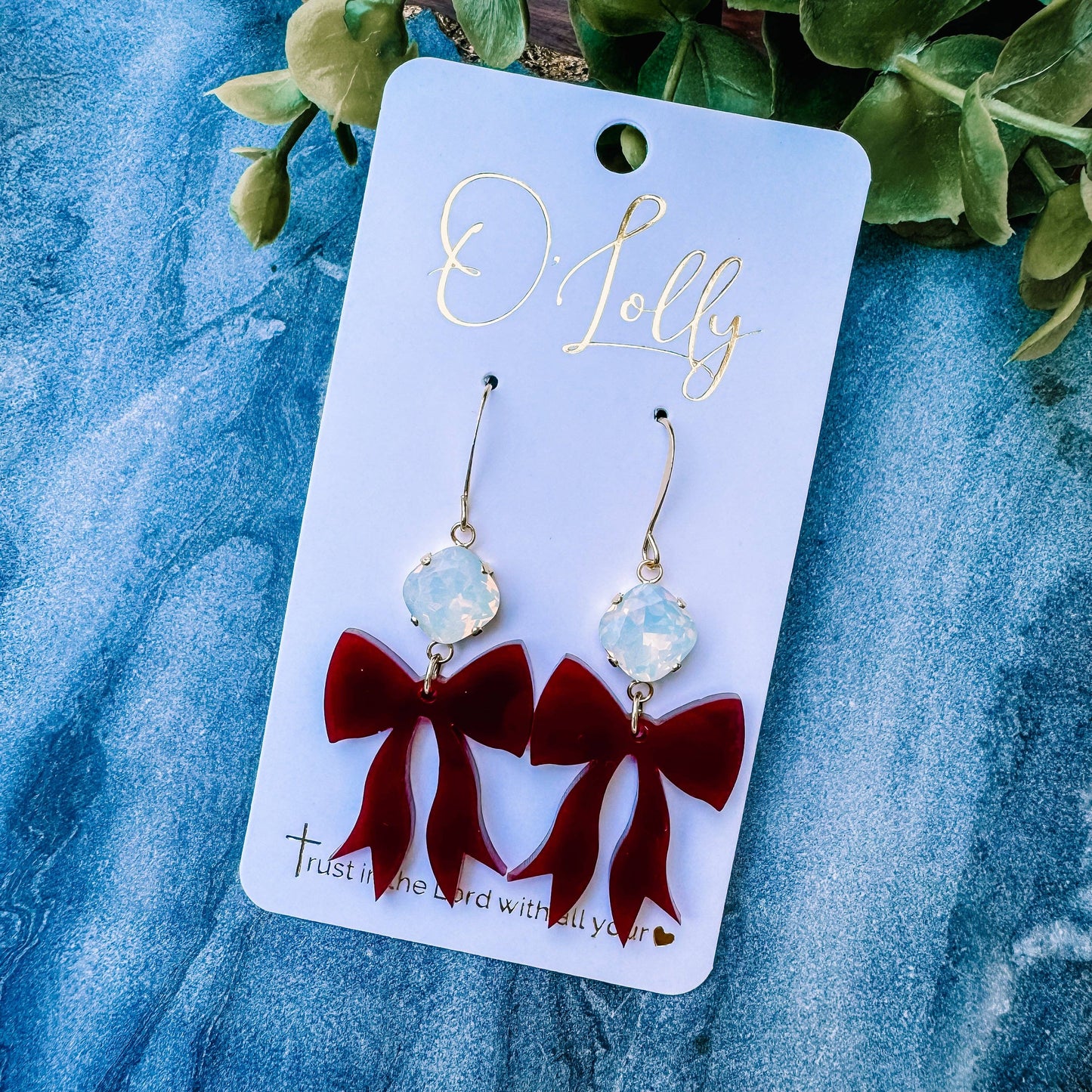 Acrylic Bow & Stone Earrings, Assorted Colors: Blue Bow