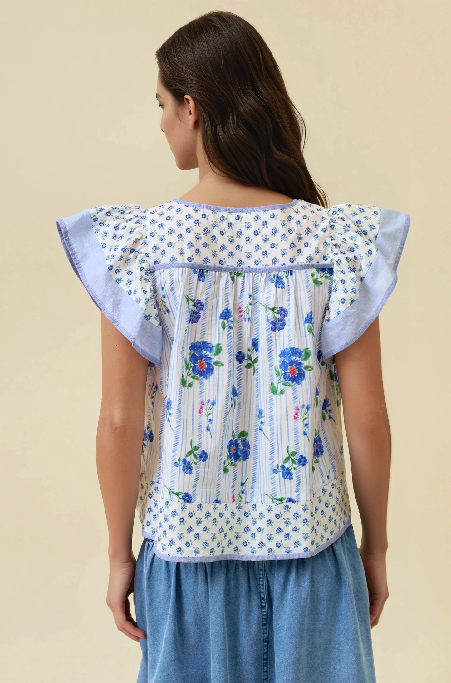 Heidi Mixed Print Flutter Sleeve Top