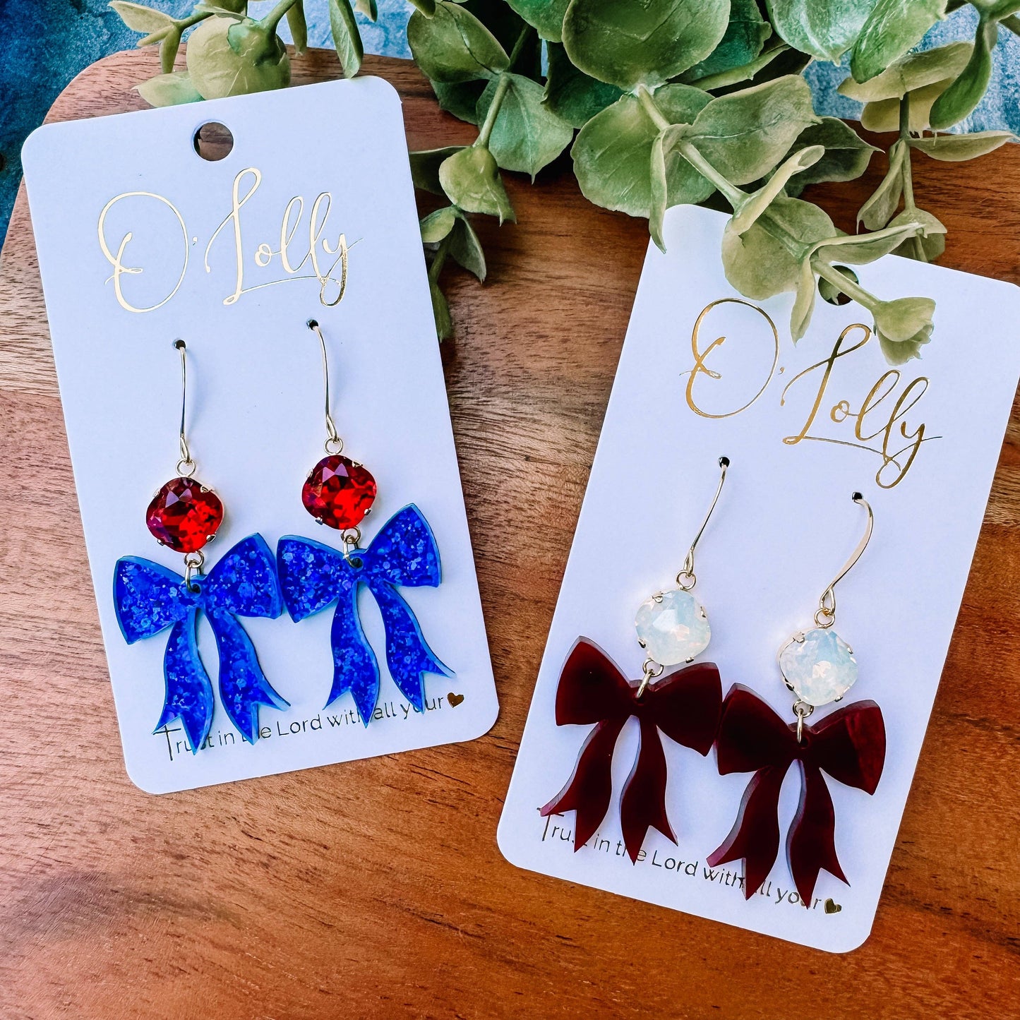 Acrylic Bow & Stone Earrings, Assorted Colors: Blue Bow