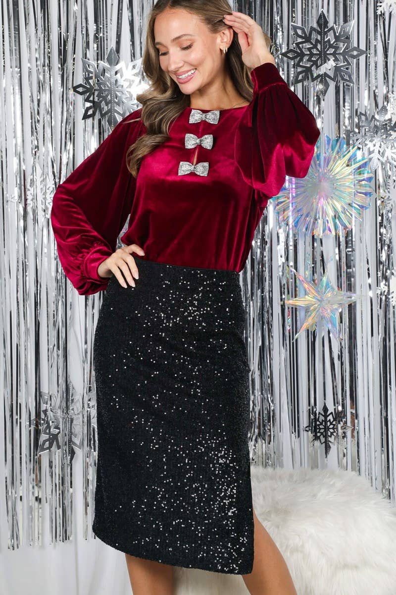 Sequin Bow Accent Velvet Blouse