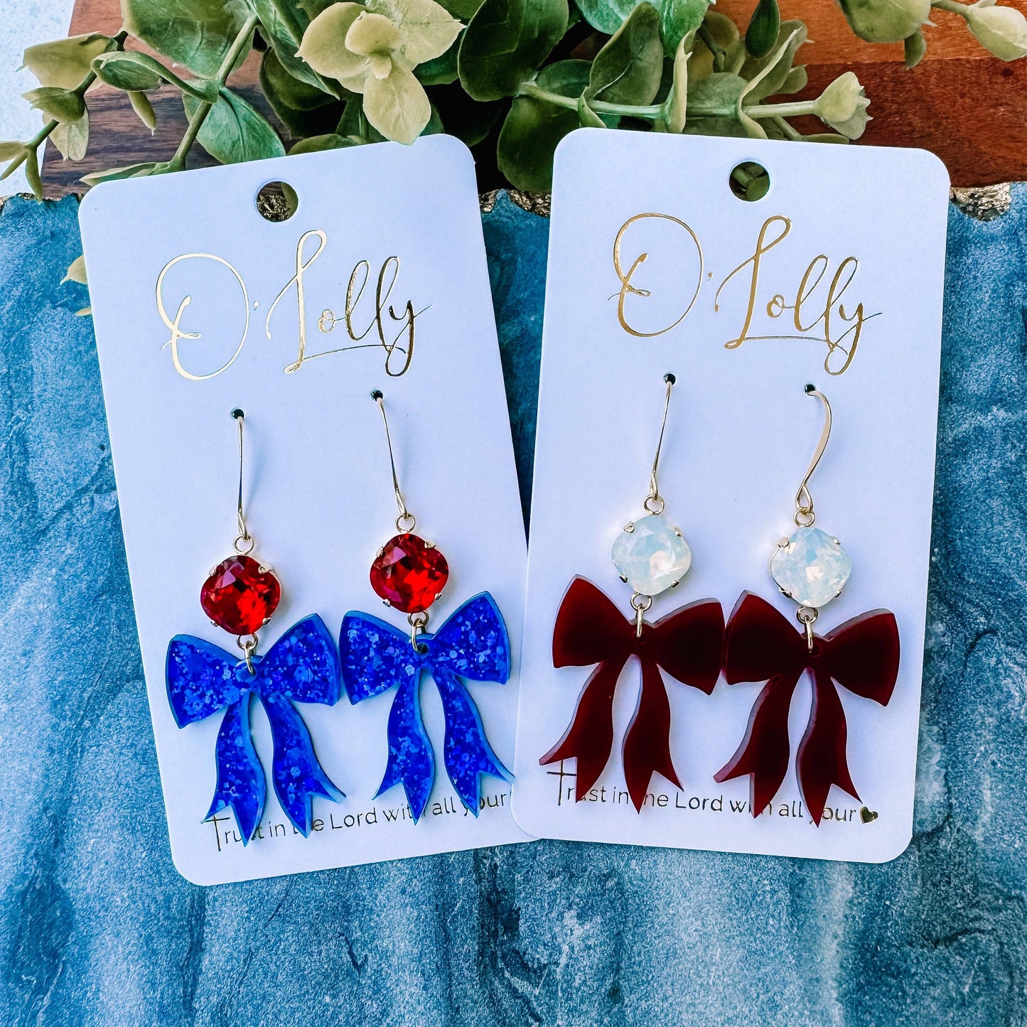 Acrylic Bow & Stone Earrings, Assorted Colors: Blue Bow