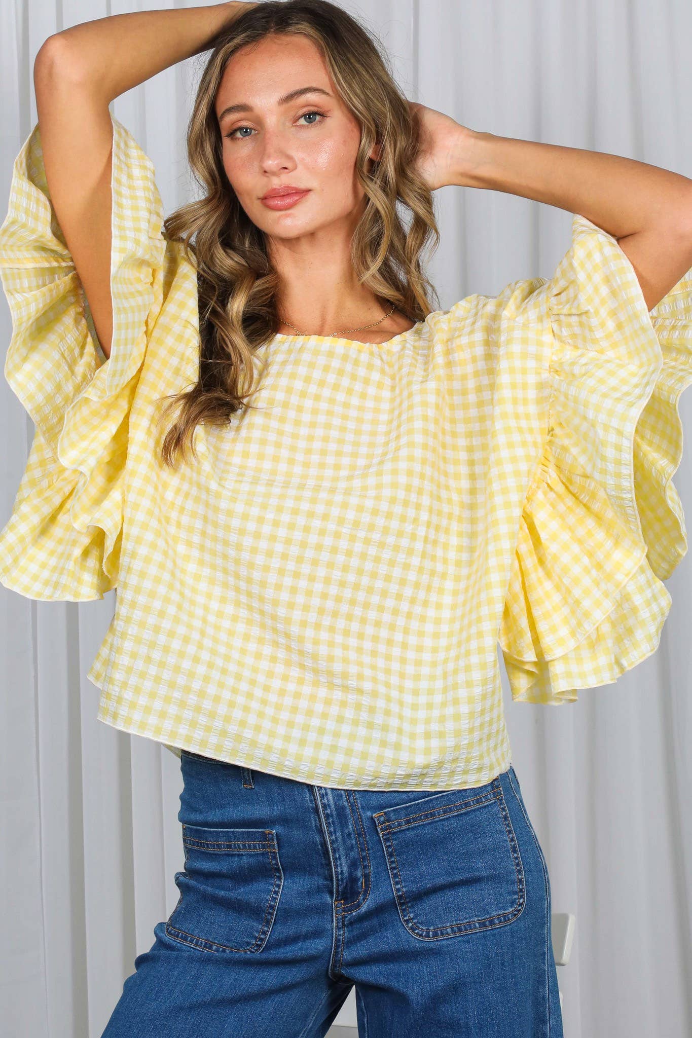 Ruffle Sleeve Flowy Gingham Top