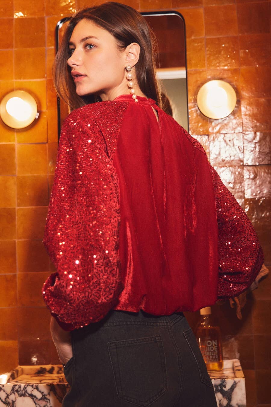 Velvet Sequin Sleeve Blouse