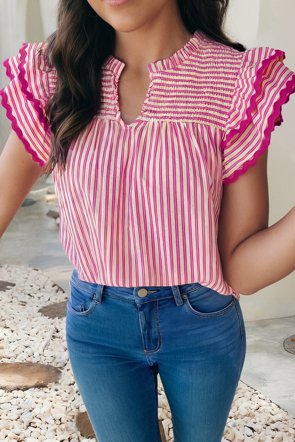 Rosa Ric Rac Trim Ruffle Sleeve Top