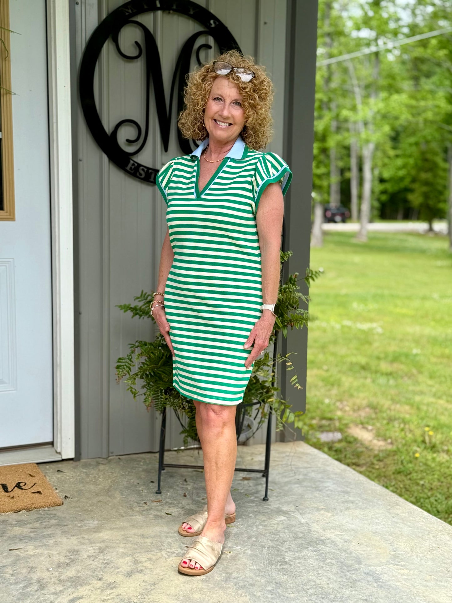 Dani Stripe Print Contrast Collar Split Neck Dress - Milly's Boutique