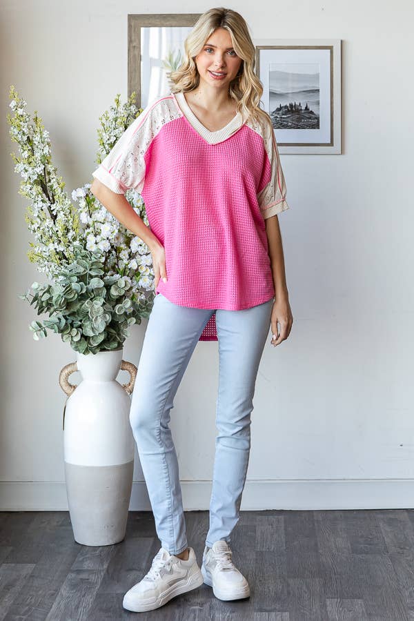 Dawn Color Block Waffle Knit Lace Detail Plus Top - Milly's Boutique