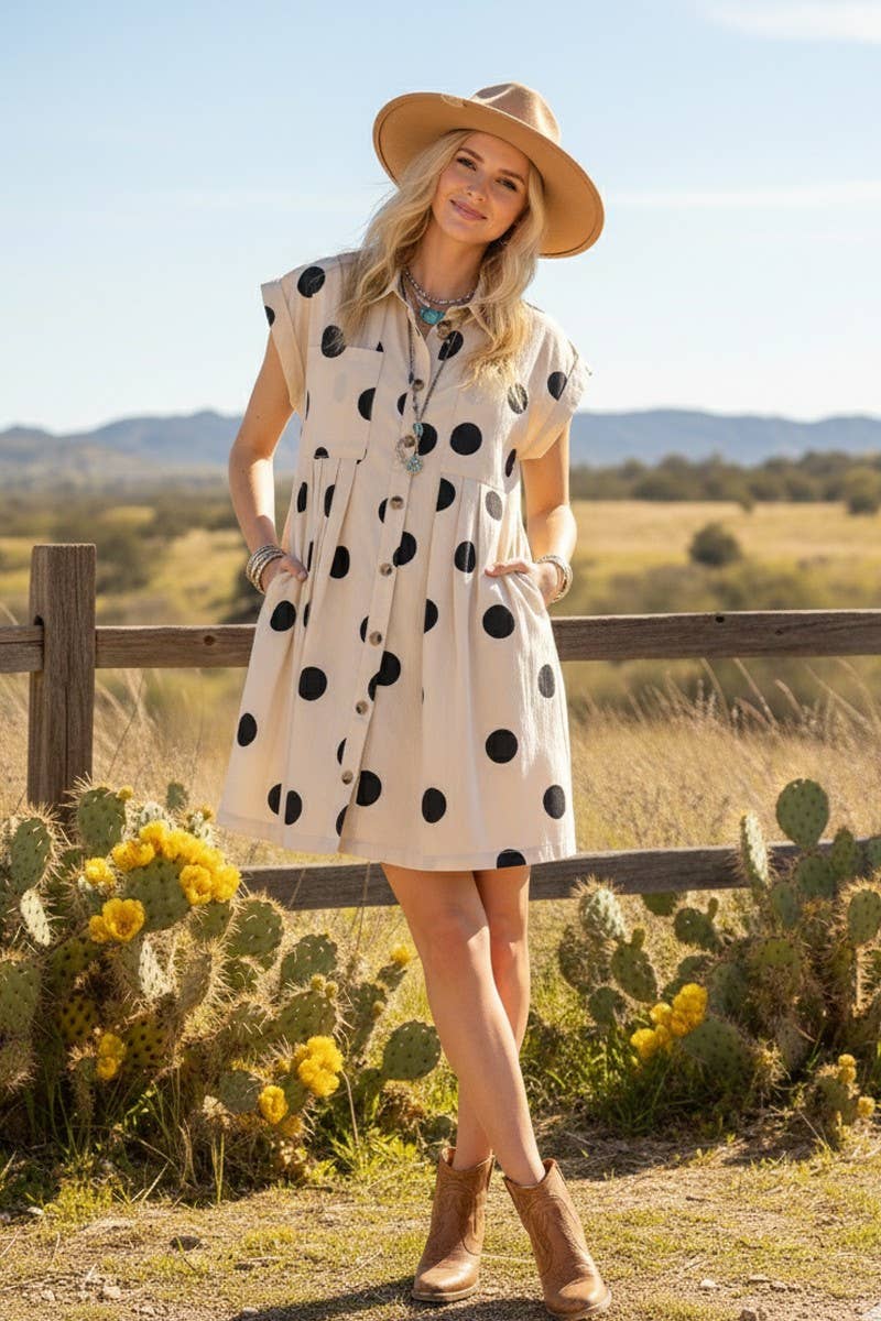Polka Dot Button Down Pleated Poplin Dress