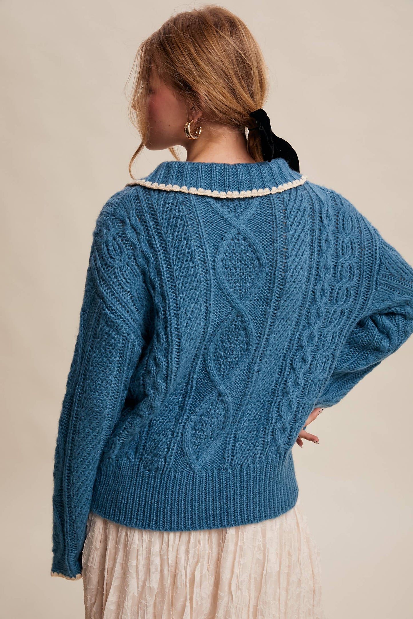 Chelsea Scallop Trim Cable Knit Half-Zip Sweater