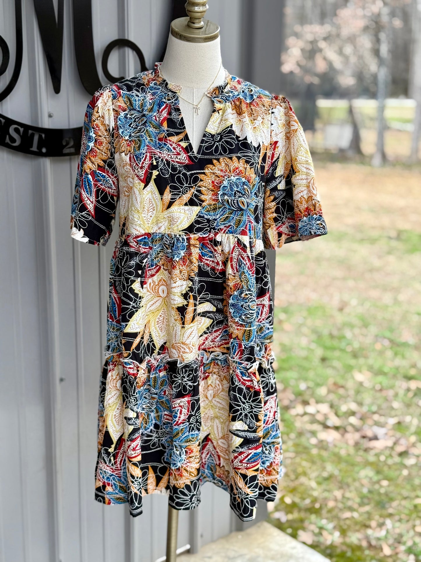 Hope Embroidered Mix Floral Print Tiered Dress - Milly's Boutique