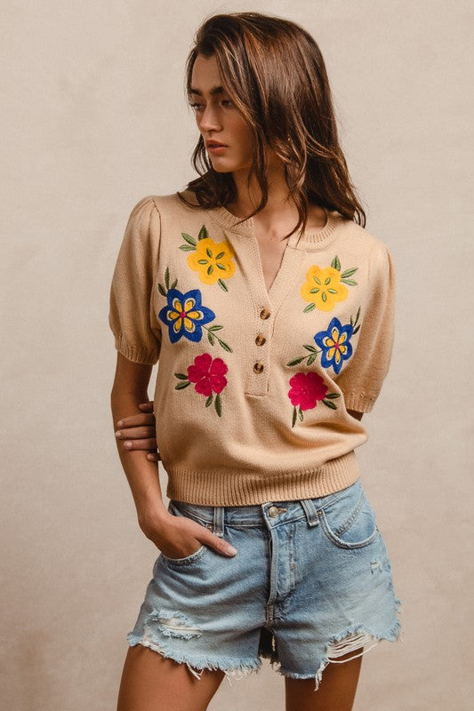Jane Floral Embroidery Puff Sleeve Sweater - Milly's Boutique