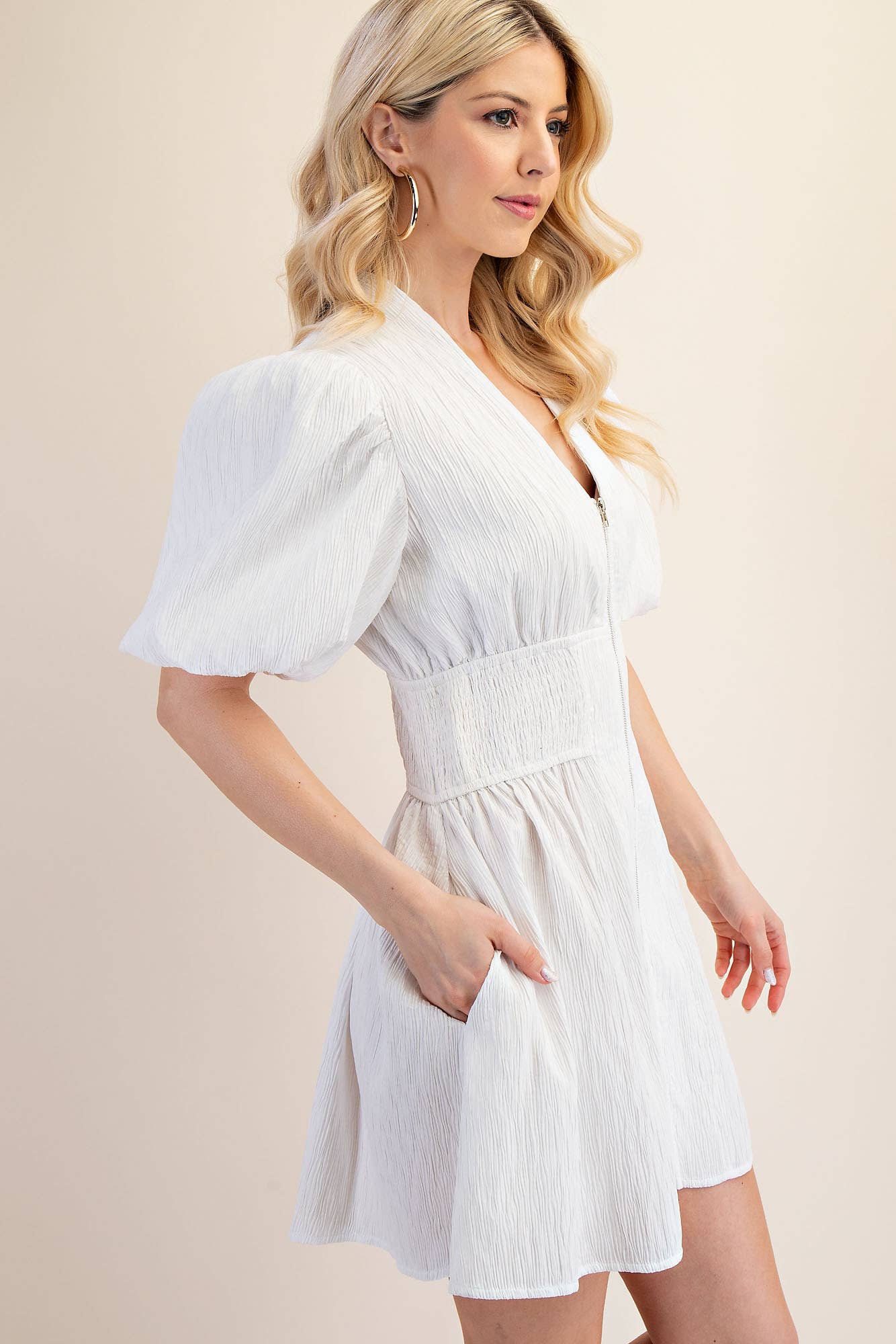 Jenna Puff Sleeve Front Zip Dress - Milly's Boutique