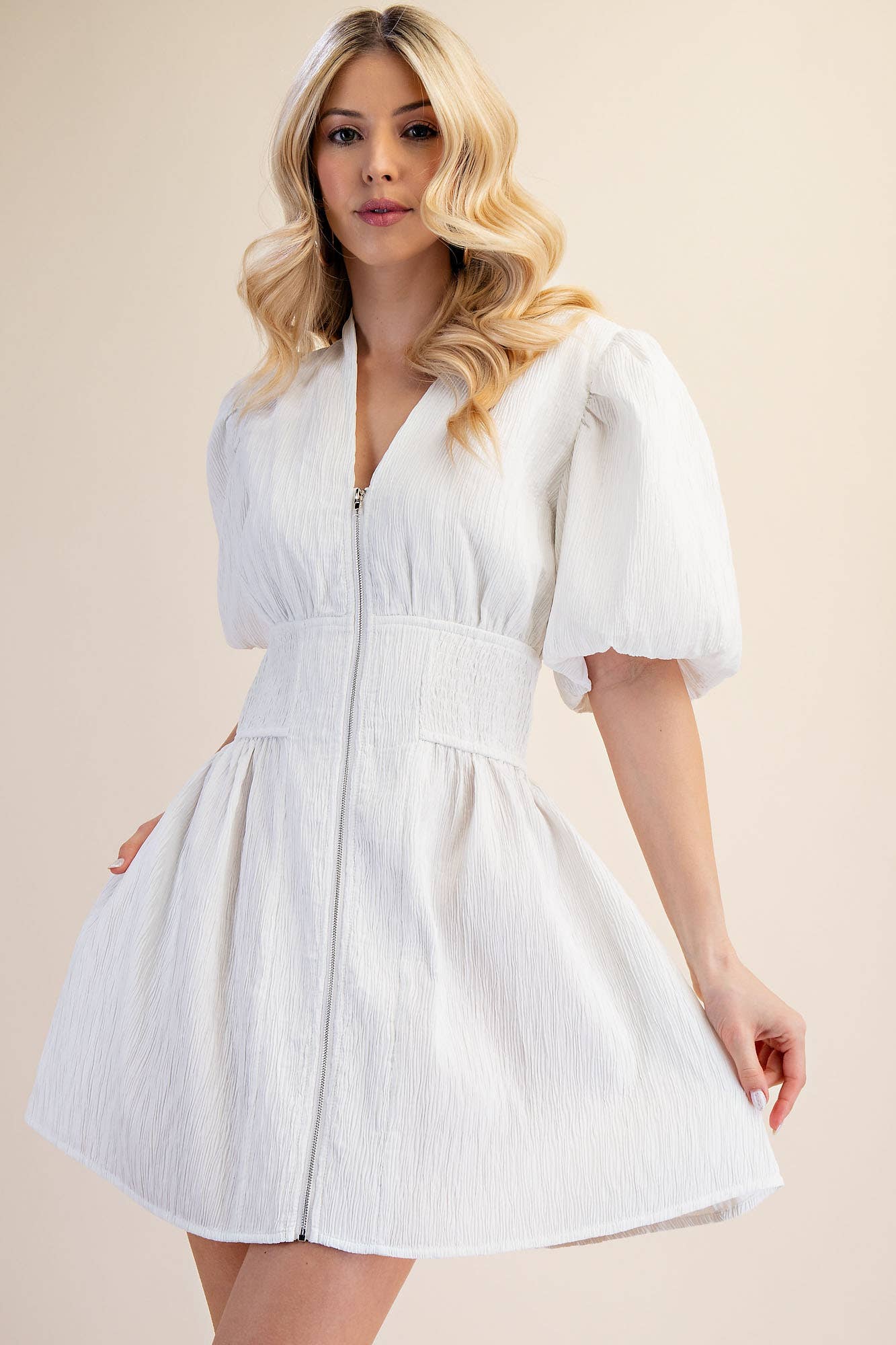 Jenna Puff Sleeve Front Zip Dress - Milly's Boutique