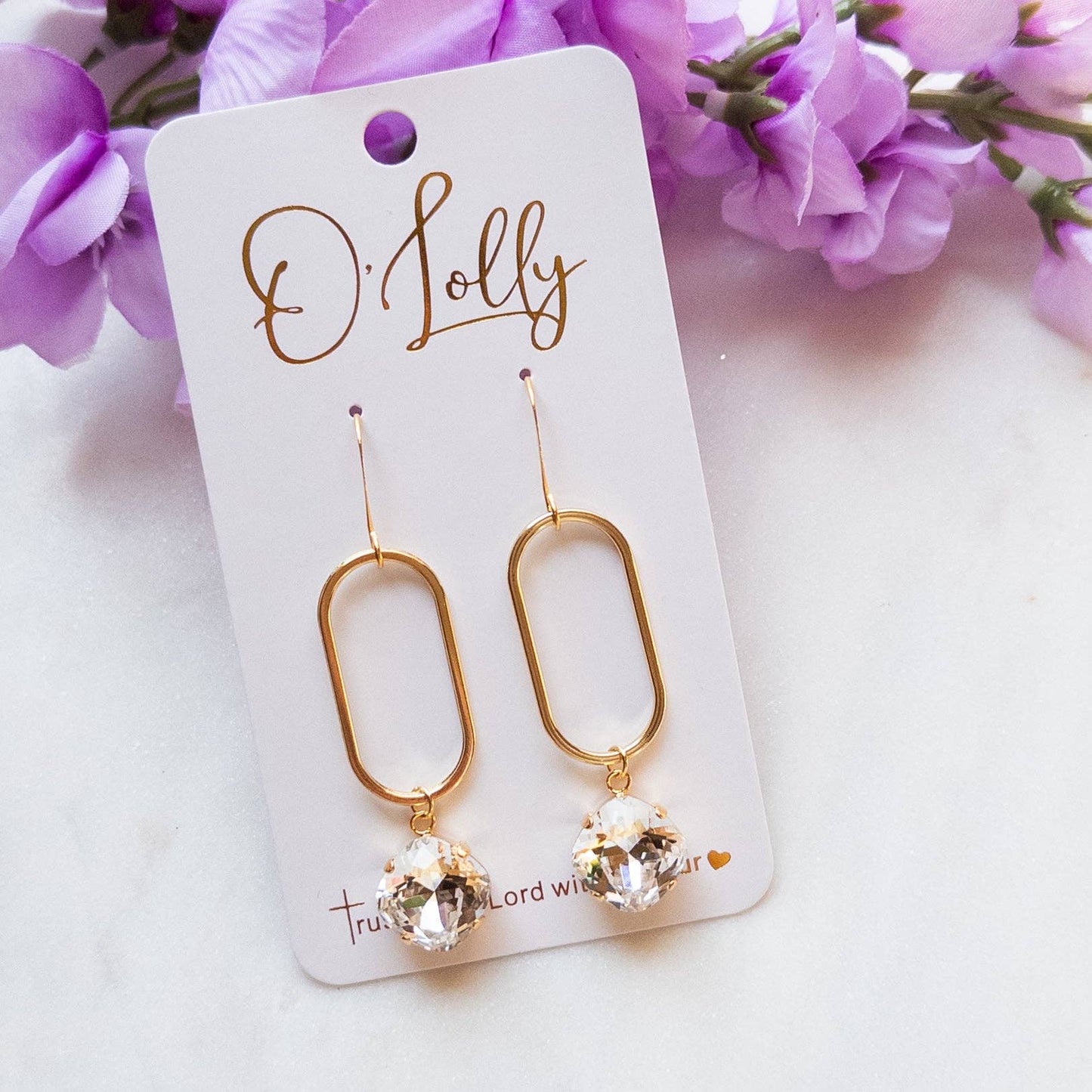 “Leigh” Gold Open Oval w/Clear Stone Dangle Earrings - Milly's Boutique